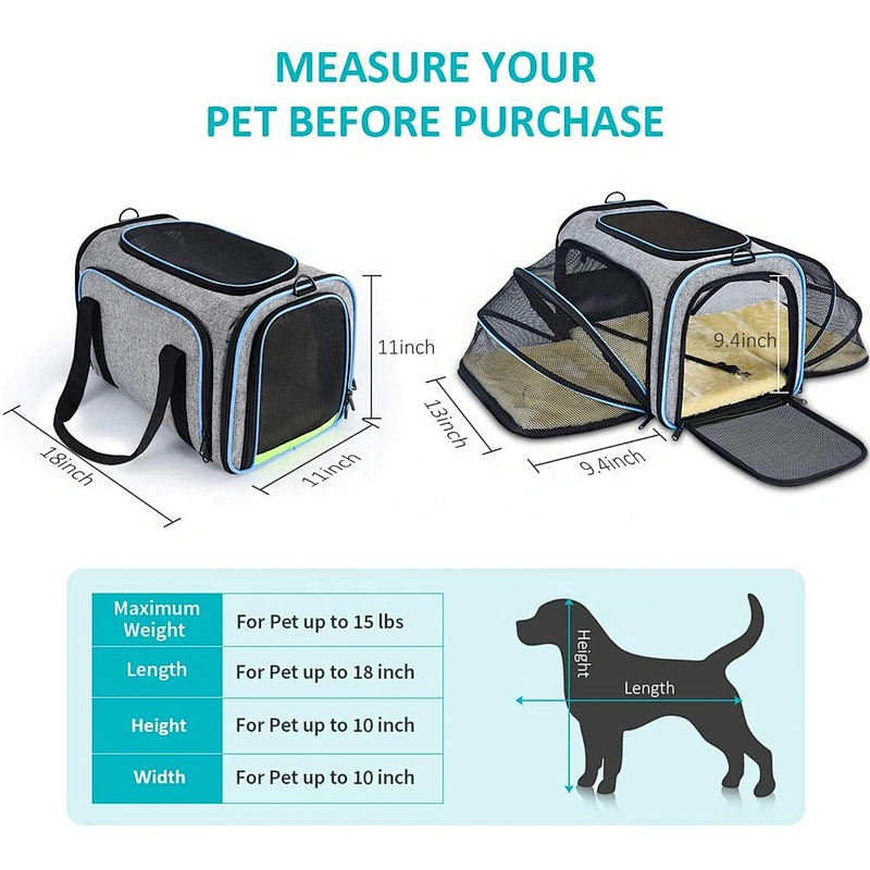 Airline Approved  Expandable Foldable Soft-Sided Dog Carrier 3 Open Doors 2 Reflective Tapes Pet Bag Carrier for Cats and Dogs