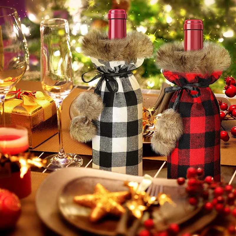Christmas Plaid Wine Bottle Covers Plaid Wine Bottle Holder Sweater Faux Fur Wine Bottle Bags for Christmas Party