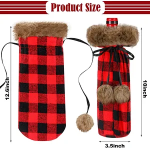 Christmas Plaid Wine Bottle Covers Plaid Wine Bottle Holder Sweater Faux Fur Wine Bottle Bags for Christmas Party