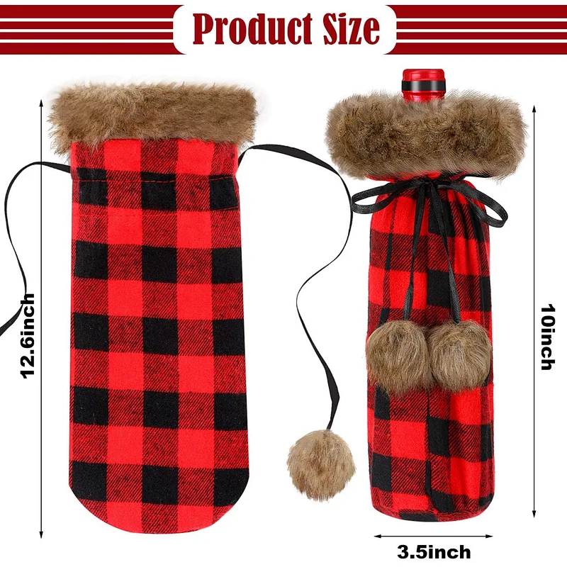 Christmas Plaid Wine Bottle Covers Plaid Wine Bottle Holder Sweater Faux Fur Wine Bottle Bags for Christmas Party