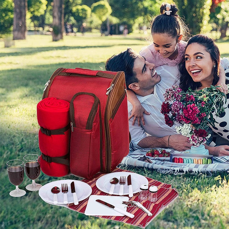 2 Person Red Picnic Backpack with Cooler Compartment Big Capacity Insulated Cooler Backpack Bottle Wine Bag for Lunch Picnic
