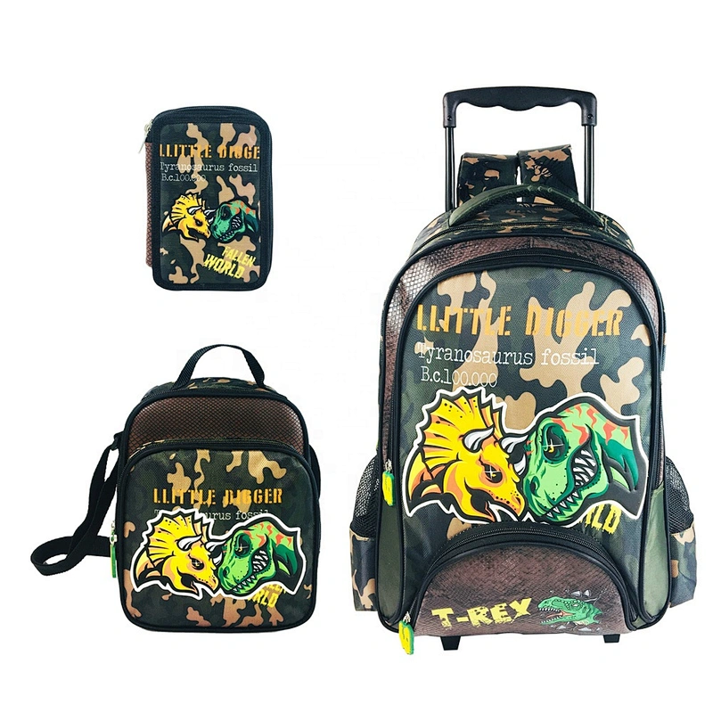 Dinosaur design Wholesale 3 pcs in one set kid Trolley School Bags with wheels + Lunch bag + pencil case