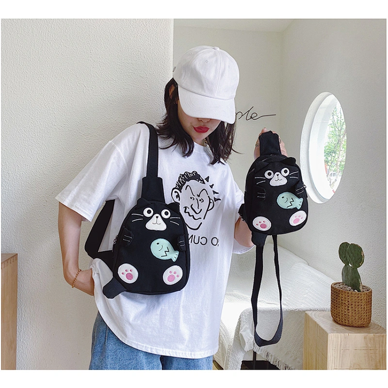 Fashion Trendy Shoulder Female Canvas Cute Lady Messenger Bag A new cartoon cat on Instagram