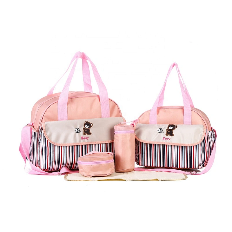 Multifunctional Fashion Mummy Maternity Bag 5 Pieces Set Polyester Baby Diaper Bag With Changing Pad