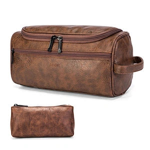 2Pcs/set PU Leather Vintage Luxury Cosmetic Bag Hanging Zipper Makeup Case Women Men Travel Toiletry Wash Makeup Bag