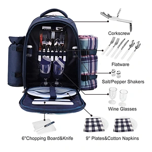 Picnic Backpack Cooler Bag for 2 Person with Cooler Compartment, Detachable Bottle Wine Holder Fleece Blanket Plates and Cutlery