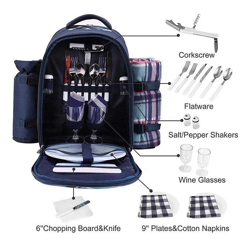 Picnic Backpack Cooler Bag for 2 Person with Cooler Compartment, Detachable Bottle Wine Holder Fleece Blanket Plates and Cutlery