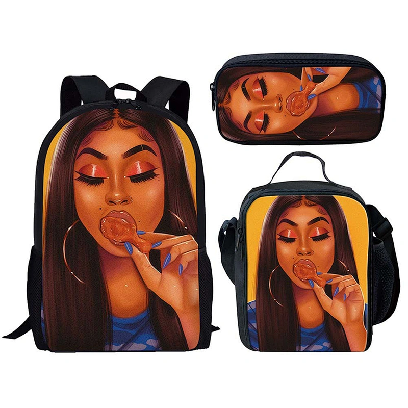 African Black Girl Africa Art Design Custom Cartoon Printed High Quality Lunch Bag Backpack For Kids Cheap School Bags set