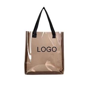 Fashion ladies shopping shoulder bag logo print Big pvc summer beach bag tote transparent with long handle