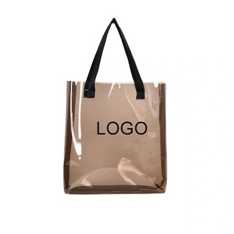 Fashion ladies shopping shoulder bag logo print Big pvc summer beach bag tote transparent with long handle