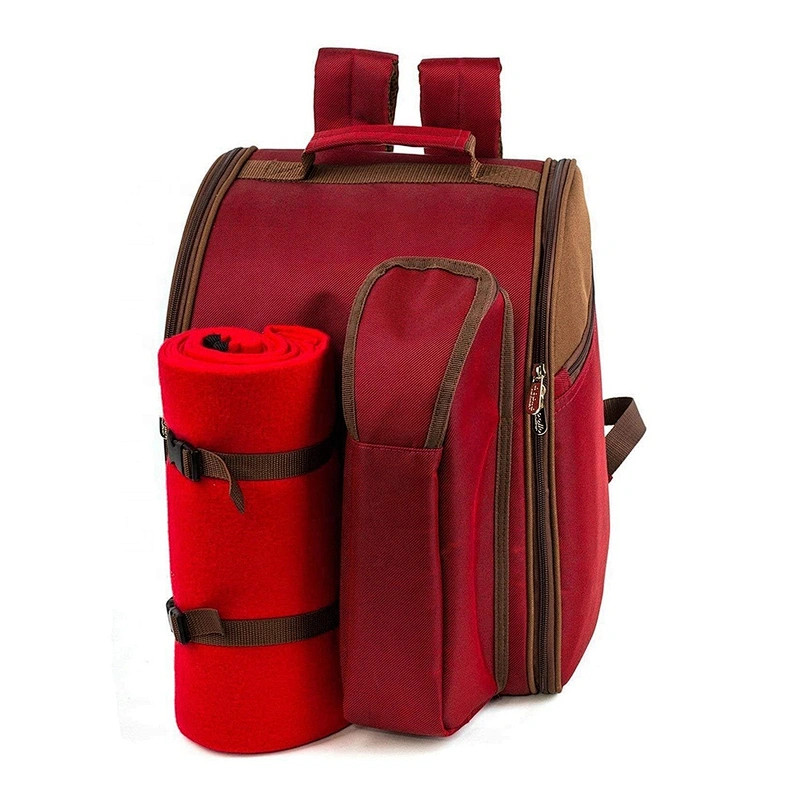 2 Person Red Picnic Backpack with Cooler Compartment Big Capacity Insulated Cooler Backpack Bottle Wine Bag for Lunch Picnic
