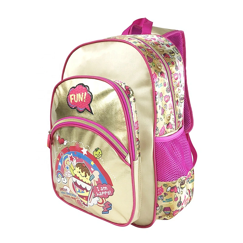 Durable custom high quality student bag backpack golden backpack leather children school bags for girls kids with fantasy fabric