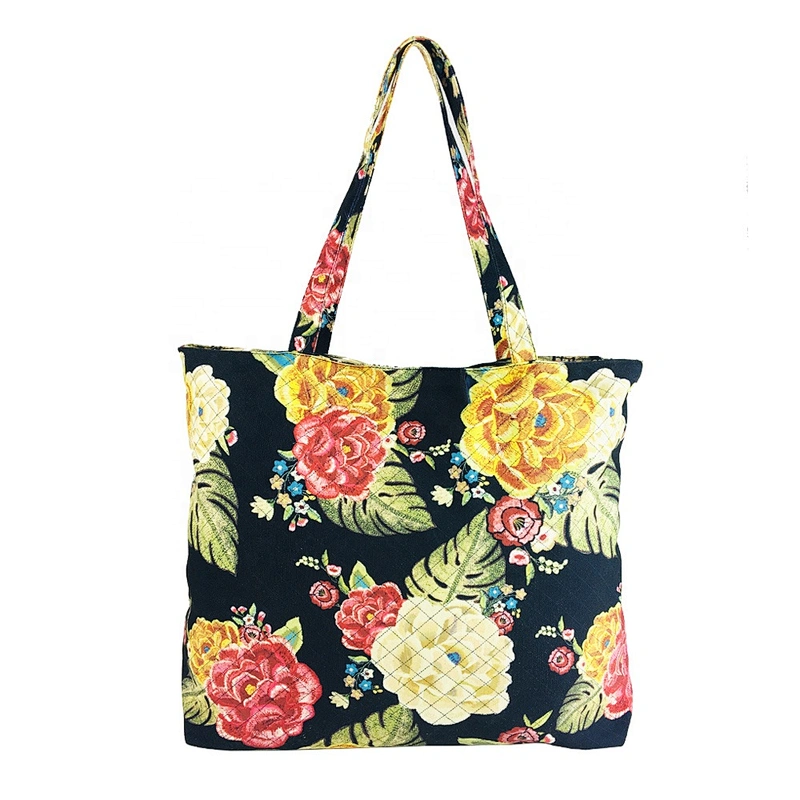 Women ladies OEM Cheap handbags Printed pattern canvas tote beach bag custom logo shopping bag supermarket reusable