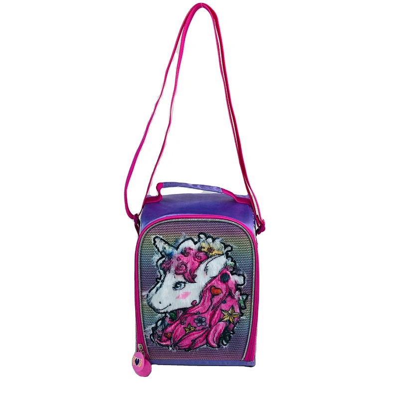 Fashion shiny holographic unicorn long hair plush material Insulated Lunch Cooler Bags Box Backpack For Kids