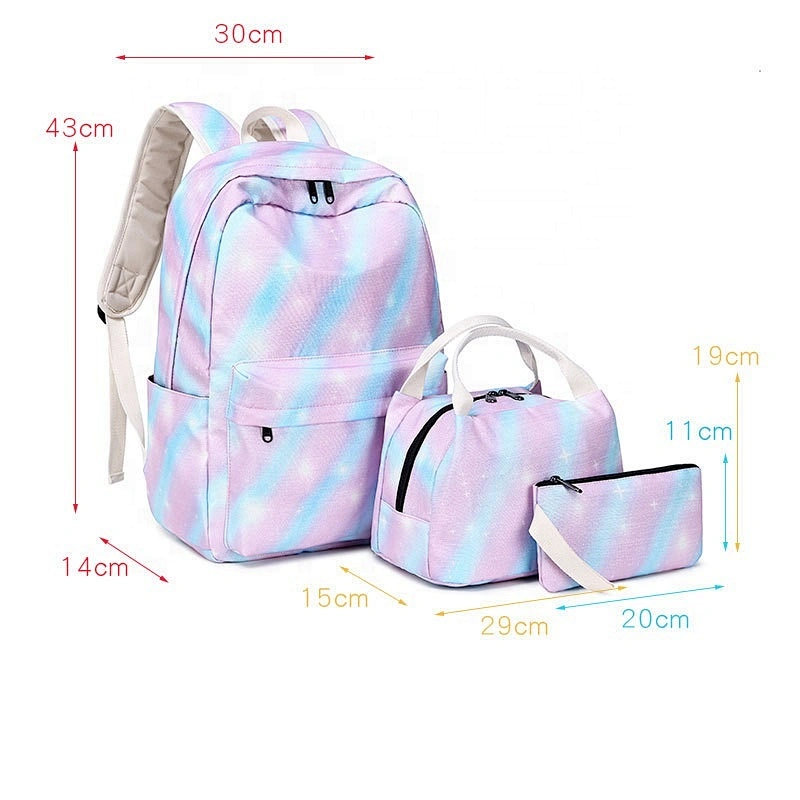 2020 Trending green strips 3 in One set school bags sets fancy teenage backpack lunch bag pencil case wallet for girls