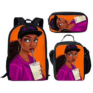 Low MOQ Custom Polyester Schoolbags African Black Girl Africa American Art Design Bag School Backpack School Bag Set