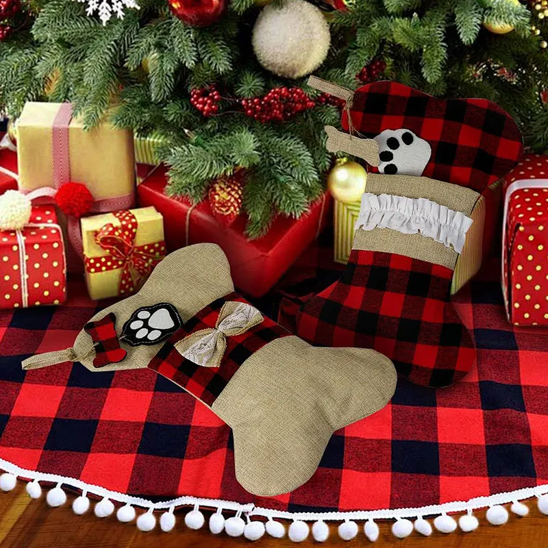 Fast delivery Cat Dog Pets Stockings Christmas Large Plaid Dogs Paw Hanging Christmas Decorations supplies Christmas Stocking