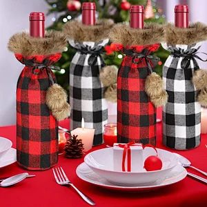 Christmas Plaid Wine Bottle Covers Plaid Wine Bottle Holder Sweater Faux Fur Wine Bottle Bags for Christmas Party
