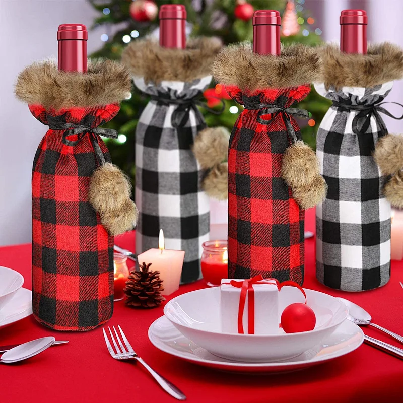 Christmas Plaid Wine Bottle Covers Plaid Wine Bottle Holder Sweater Faux Fur Wine Bottle Bags for Christmas Party