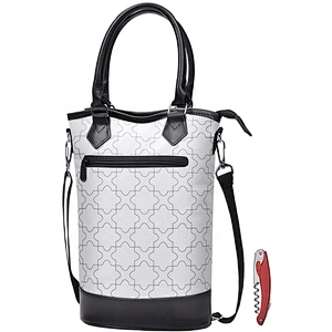 Insulated Single Bottle Wine Tote Carrier Travel Cooler Bag Purse Leather Handles