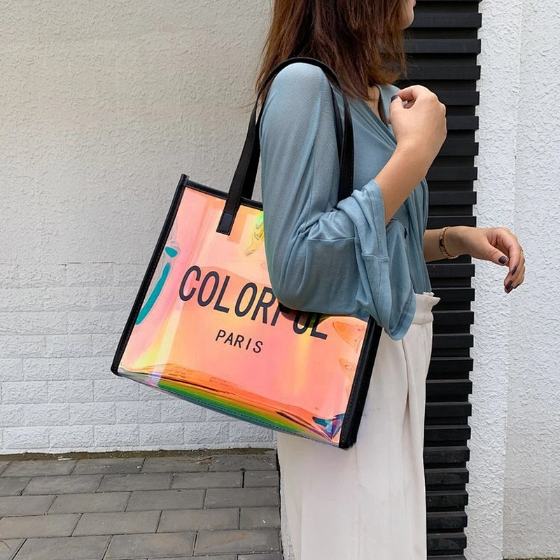 PVC tote jelly handbags with metal hasp closure washable shopping bags