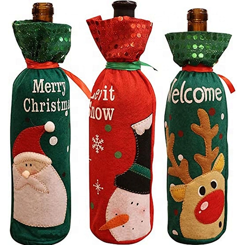 3PCS Christmas Wine Bottle Cover Gift Wrapping Cover Bag Holiday Table Decor Champagne Decoration Cover Bags Santa Clause bag