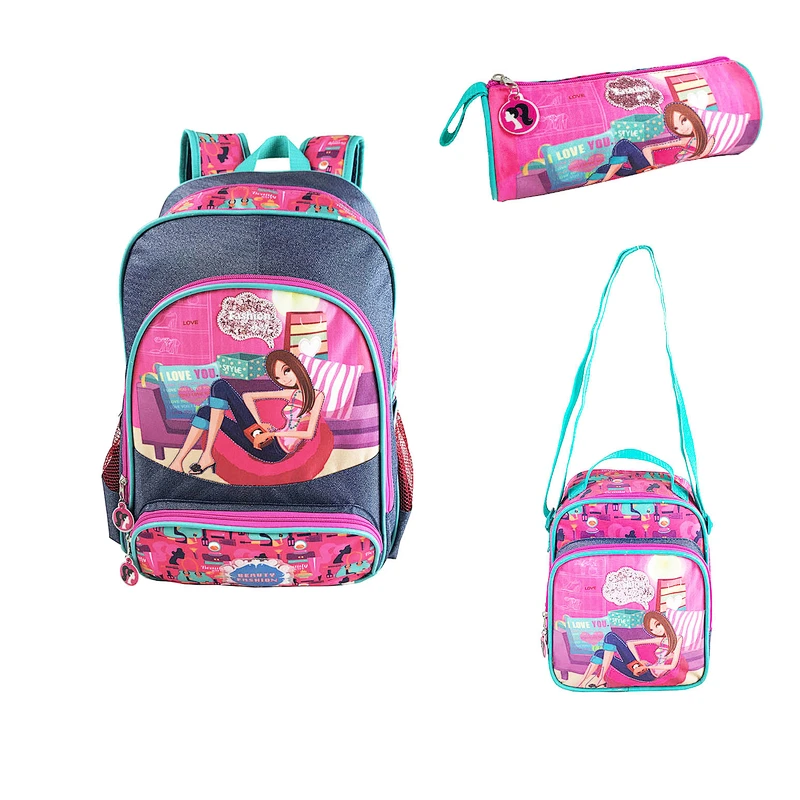 New design fancy backpack  girls cute children teenager girls 3 in 1 set backpack bag school bags backpack for kids