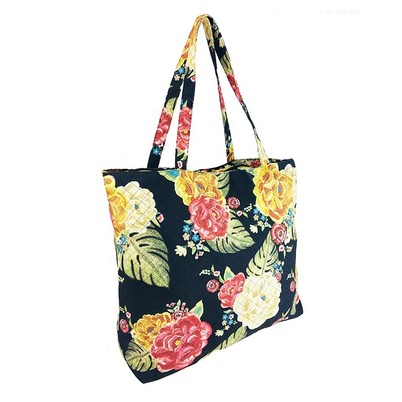 Women ladies OEM Cheap handbags Printed pattern canvas tote beach bag custom logo shopping bag supermarket reusable