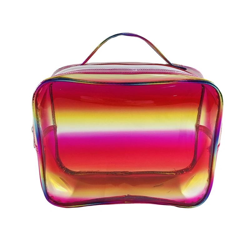 OEM/ODM Waterproof shiny rainbow pvc clear transparent Women Travel Makeup Organizer Cosmetic bag basket Case Bags with handles