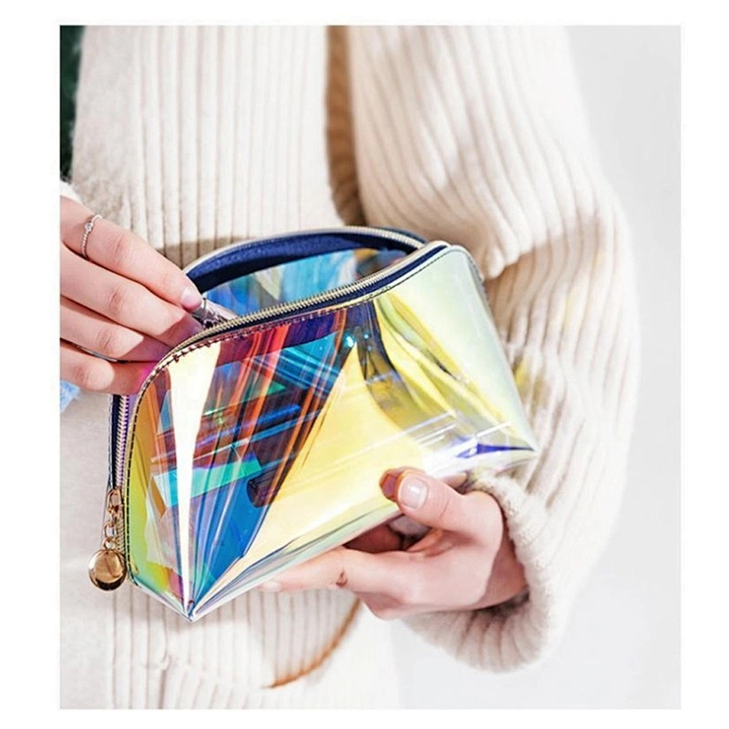 Personalized Free sample Luxury Print Custom Holographic TPU Laser Effect Zipper Clear Pouch Cosmetic Makeup Bag for Ladies