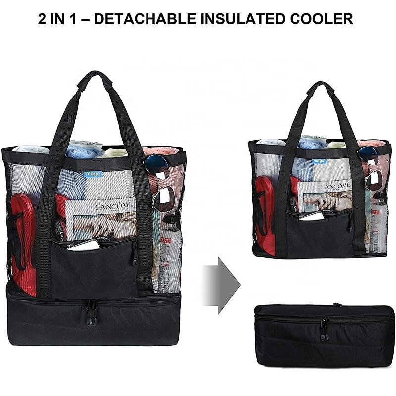 Large Mesh Beach Tote Bag with Detachable Beach Cooler Family Travel Tote for Beach Picnic Gym Pool