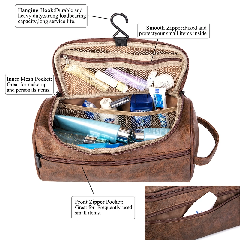 2Pcs/set PU Leather Vintage Luxury Cosmetic Bag Hanging Zipper Makeup Case Women Men Travel Toiletry Wash Makeup Bag