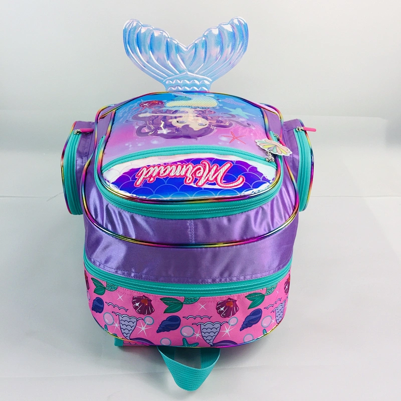 2020 Novelty  Holographic fabric school bags girls kids backpack with shinny leather tail pattern