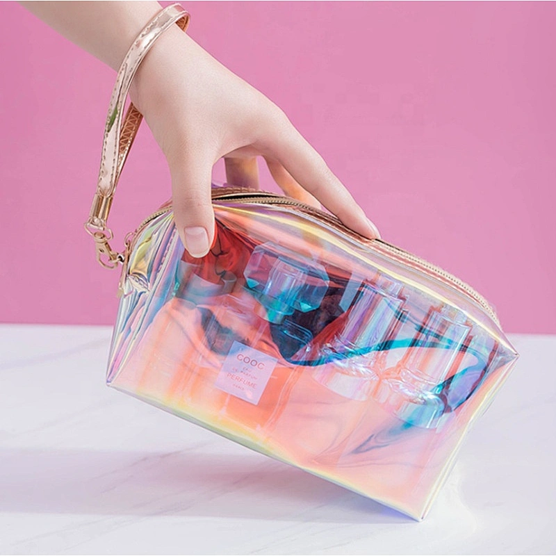 Custom logo travel transparent PVC Holographic cosmetic bag Waterproof Personalized laser clear PVC cosmetic bag makeup bag