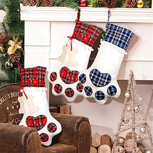 Fast delivery Cat Dog Pets Stockings Christmas Large Plaid Dogs Paw Hanging Christmas Decorations supplies Christmas Stocking