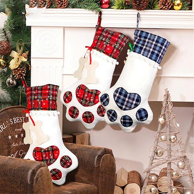 Fast delivery Cat Dog Pets Stockings Christmas Large Plaid Dogs Paw Hanging Christmas Decorations supplies Christmas Stocking