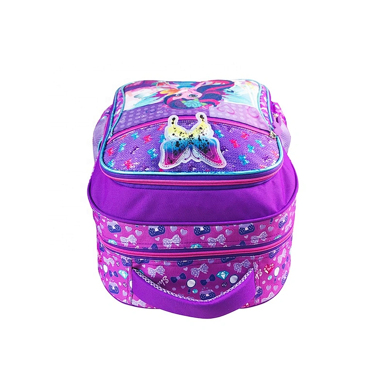 Popular factory high quality student backpack golden backpack leather children school bags for girls kids with fantasy fabric
