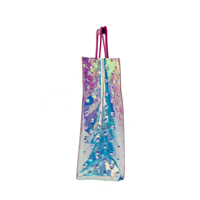 2020 candy holographic shoulder clear jelly fashion tote TPU PVC shopping bag beach bag transparent handbags with leather trim