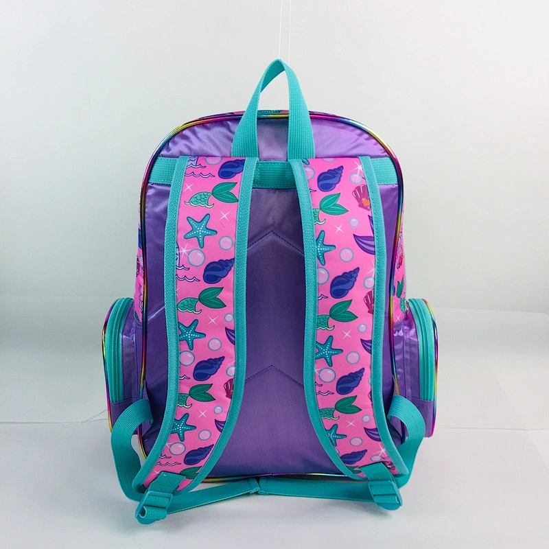 2020 Novelty  Holographic fabric school bags girls kids backpack with shinny leather tail pattern