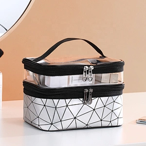 Large Colorful Double Layer Travel Fashion Bucket Pouch Handle Makeup bag Logo Leather Custom logo Cosmetic Case Bag
