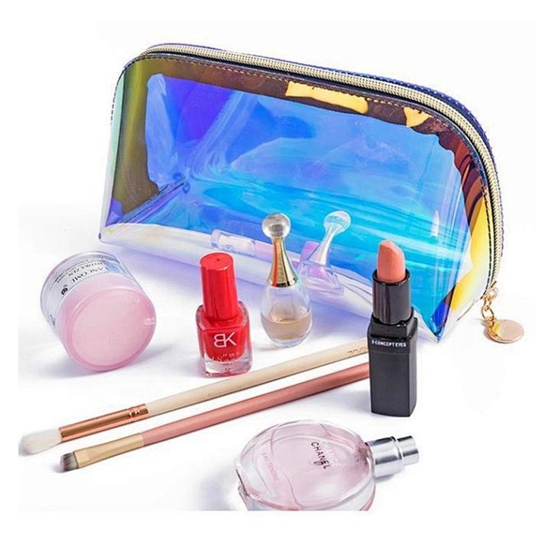 Low MOQ Custom Logo New Fashion Transparent Laser Cosmetic Pouch Luxury Print Clear Holographic Makeup bag Cosmetic Bags