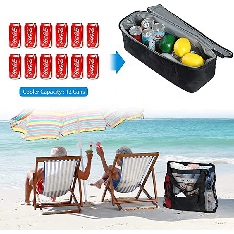Large Mesh Beach Tote Bag with Detachable Beach Cooler Family Travel Tote for Beach Picnic Gym Pool