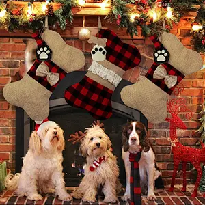 Fast delivery Cat Dog Pets Stockings Christmas Large Plaid Dogs Paw Hanging Christmas Decorations supplies Christmas Stocking