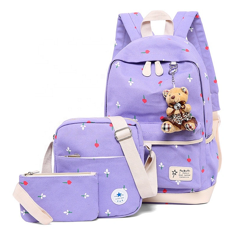 2020 Hot sale 3 Pieces set Cute cartoon Bear Student shoulders bag back to school bags polyester kids backpack set for girls