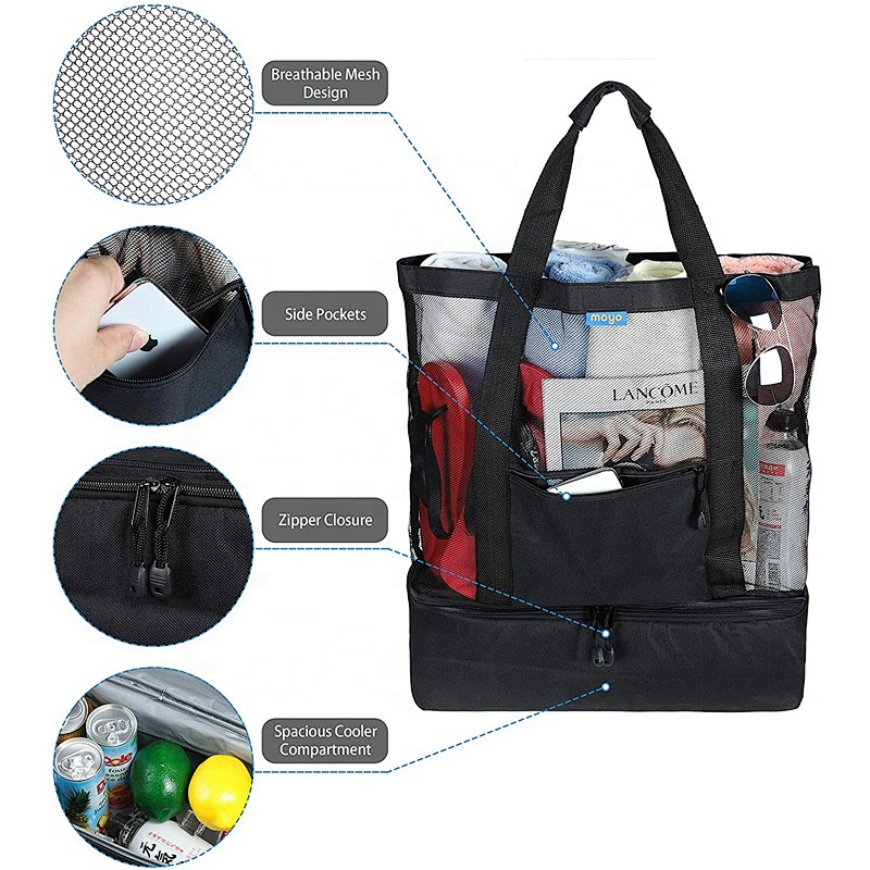 Large Mesh Beach Tote Bag with Detachable Beach Cooler Family Travel Tote for Beach Picnic Gym Pool