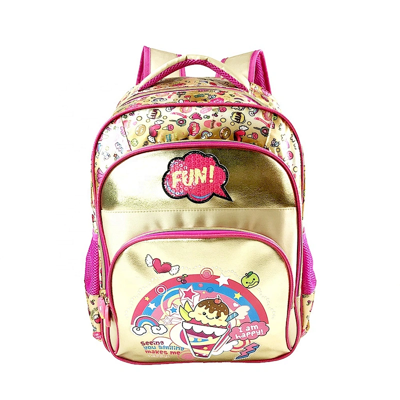2020 Fashion high quality student bag backpack golden backpack leather children school bags for girls kids with fantasy fabric
