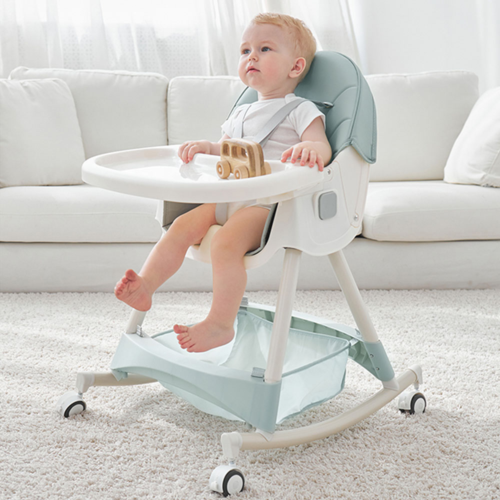 OEM Adjustable Customized Logo Modern Plastic Foldable Backrest 5 in 1 Safety Rocking Baby Feeding High Chair For Kids Dining
