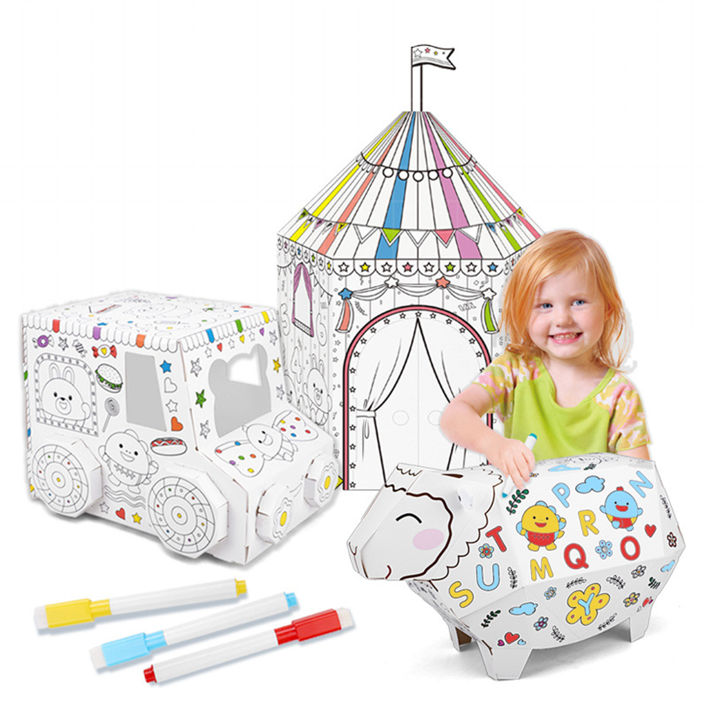 3D DIY Creative Giraffe Elephant Sheep Pattern Decorate and Personalize Painting Kids Cardboard drawing toy with music