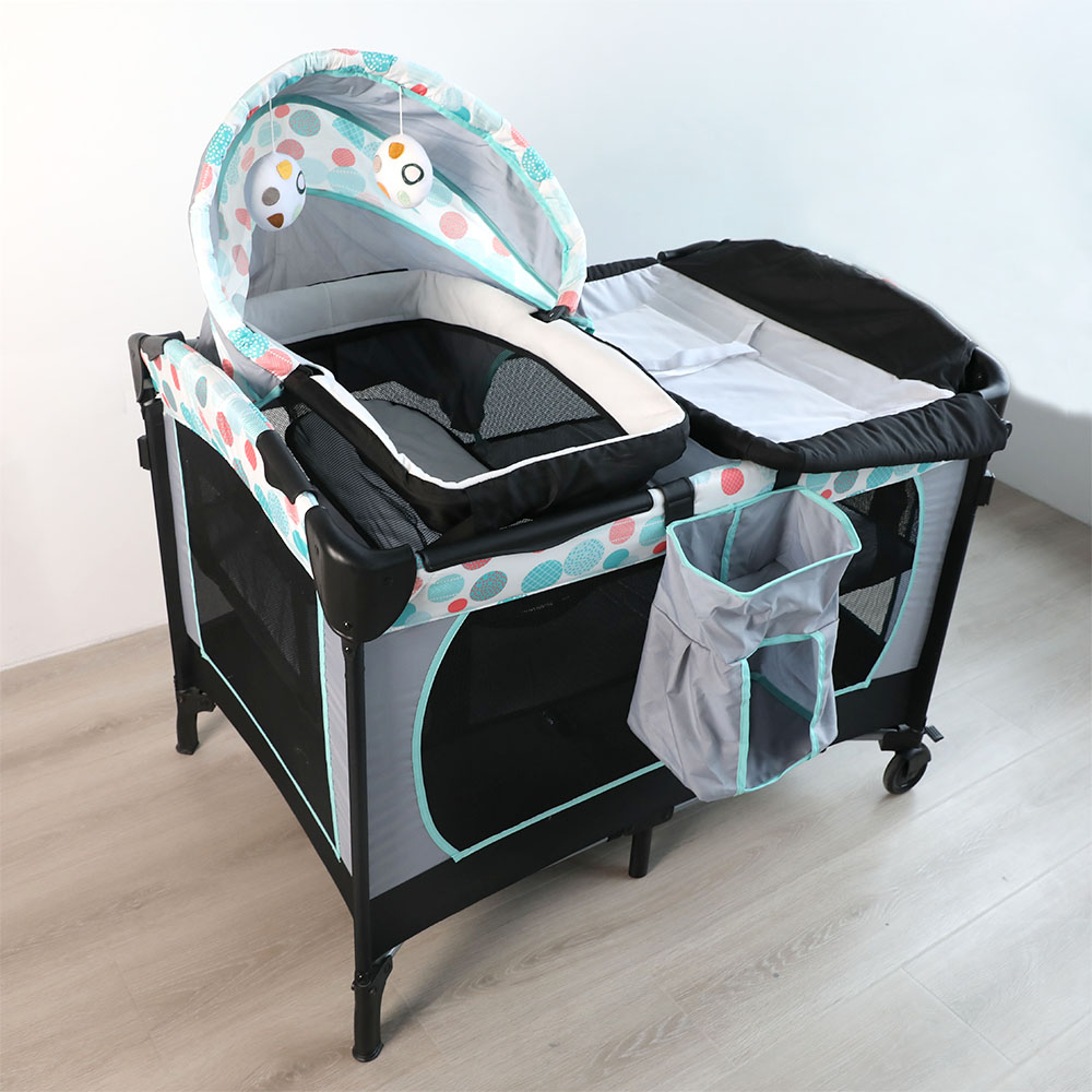 Infant Nursery Center Deluxe Foldable Multifunctional Baby Travel Crib with Storage Pocket Diaper Changer Portable Easy Folding
