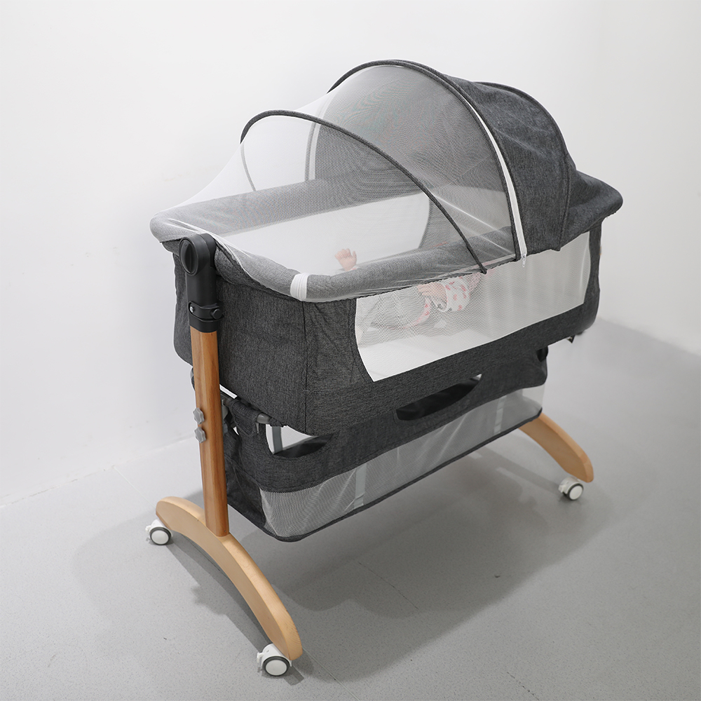 Adjustable Height Portable Wooden leg Newborn Baby Bassinet bedside Co sleeper With Storage Basket Mosquito Net For Infant